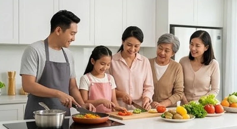 Cả đại gia đình quây quần chuẩn bị bữa tối vui vẻ trong căn bếp hiện đại với đầy đủ các nguyên liệu vô cùng tươi ngon