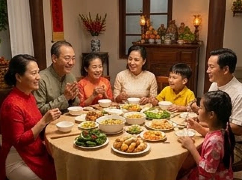 Văn khấn trưa 30 Tết: 3 bài cúng cổ truyền và trình tự hành lễ 2 Gia đình đa thế hệ quây quần bên mâm cơm Tất niên đầm ấm sau khi hoàn tất nghi lễ cúng trưa 30 Tết