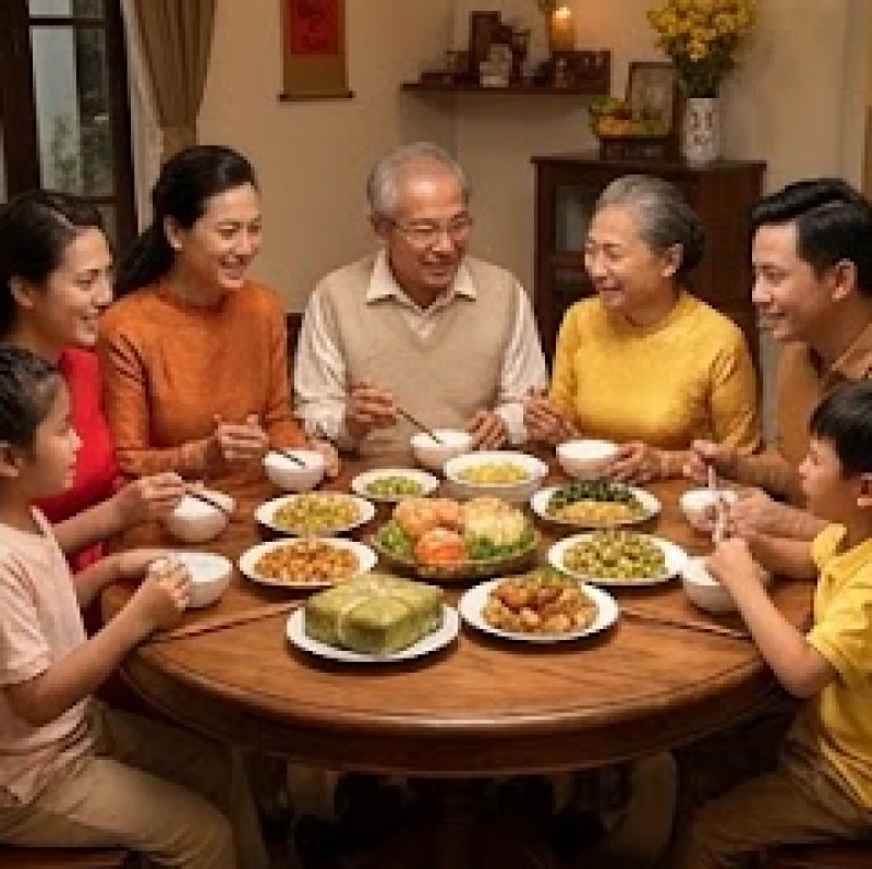 Gia đình nhiều thế hệ quây quần vui vẻ bên mâm cơm Tất niên chiều 30 Tết