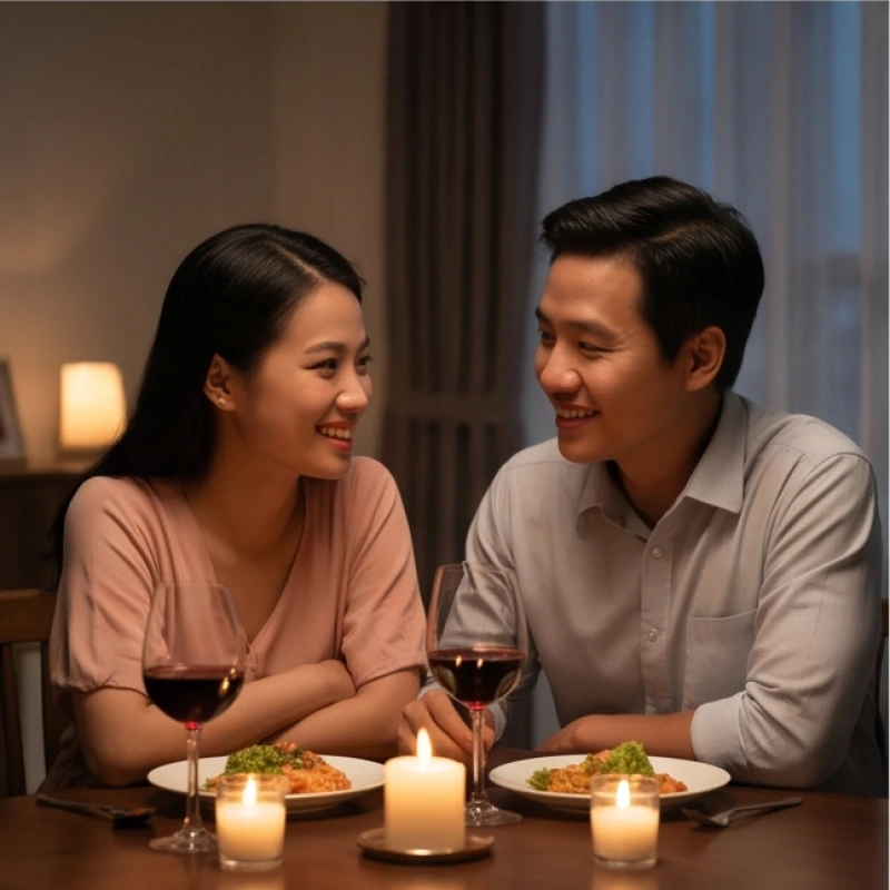 Cặp đôi vợ chồng đang thưởng thức bữa tối lãng mạn dưới ánh nến để hâm nóng tình cảm
