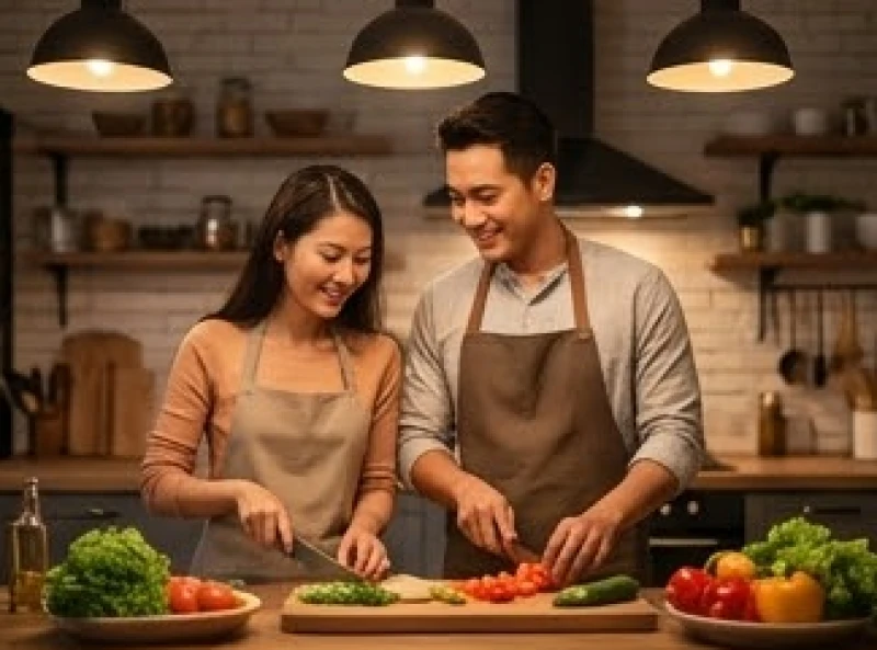 Hai vợ chồng cùng nhau chuẩn bị bữa tối ấm cúng trong căn bếp gia đình để hâm nóng tình cảm
