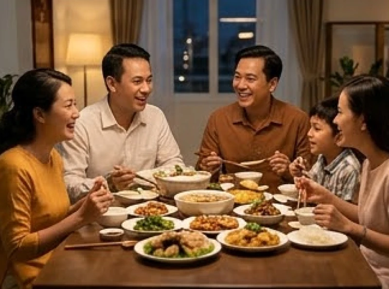 Một gia đình đang vui vẻ quây quần bên bàn ăn buổi tối với những nụ cười rạng rỡ và ánh sáng ấm áp