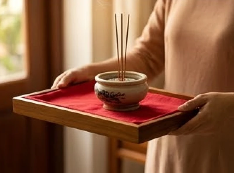 Bát hương gia tiên được lót cẩn thận trên một chiếc mâm phủ vải đỏ để bưng sang không gian thờ tự mới