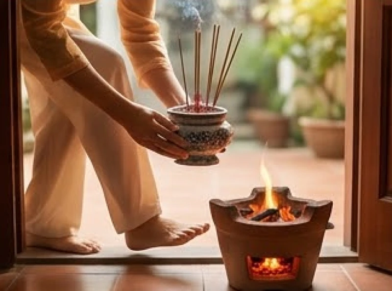 Người đàn ông cẩn thận bưng bát hương rực hồng bước qua lò than củi nhỏ trước cửa chính