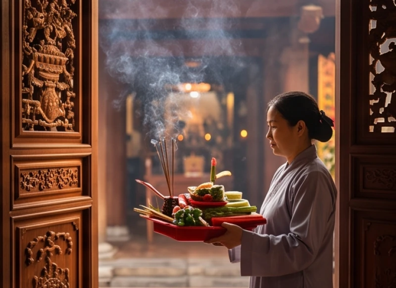 Người đi lễ cẩn thận bưng mâm đồ cúng tiến vào ban chính Tam Tòa Thánh Mẫu