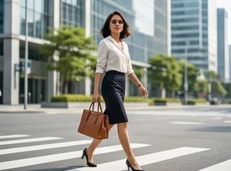 Người phụ nữ diện trang phục công sở sải bước tự tin thể hiện khí chất mạnh mẽ và độc lập tài chính