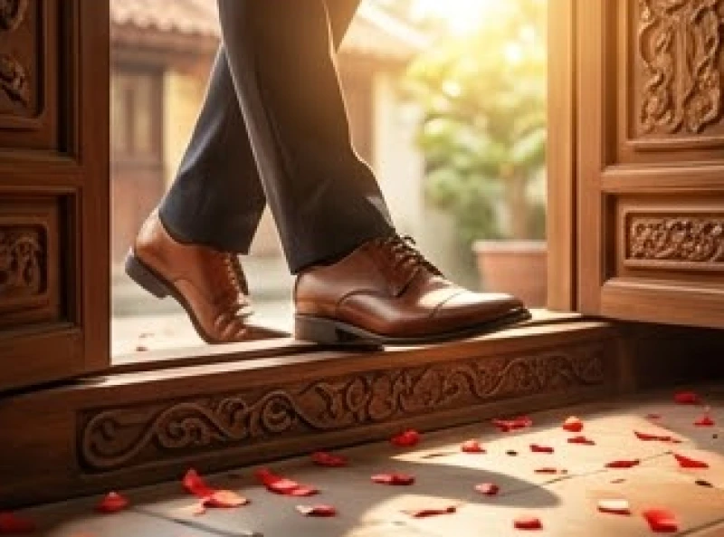 Vị khách xông đất cẩn thận bước chân phải qua bậu cửa để rước luồng sinh khí tốt lành vào nhà