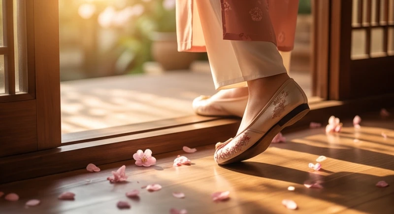 Bàn chân mang giày chỉnh tề bước nhẹ nhàng qua bậc thềm gỗ vào sáng mùng 1 mang theo luồng khí tươi mới.