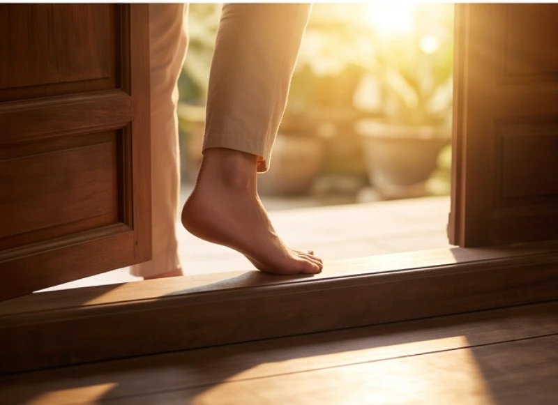 Bàn chân phải bước qua bậu cửa gỗ trong ánh nắng ban mai tượng trưng cho sự khởi đầu thuận lợi và tràn đầy sinh khí
