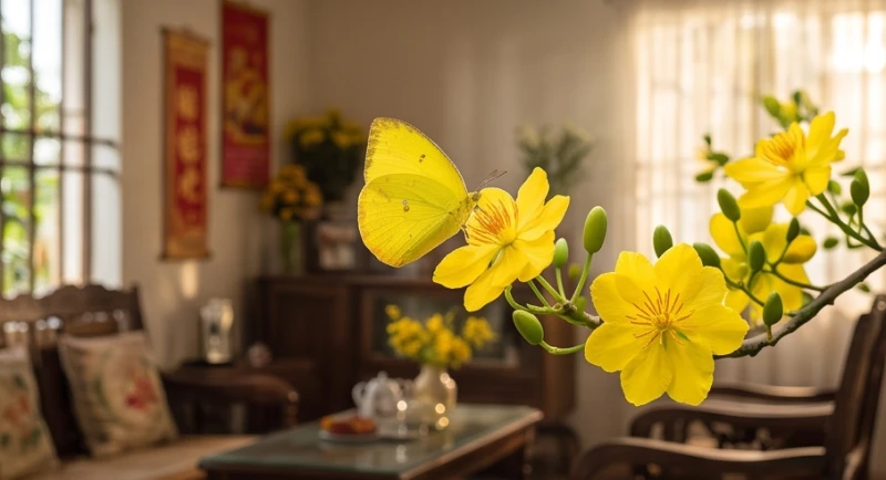Một con bướm màu sắc rực rỡ đậu trên nhánh hoa mai trong phòng khách gia đình