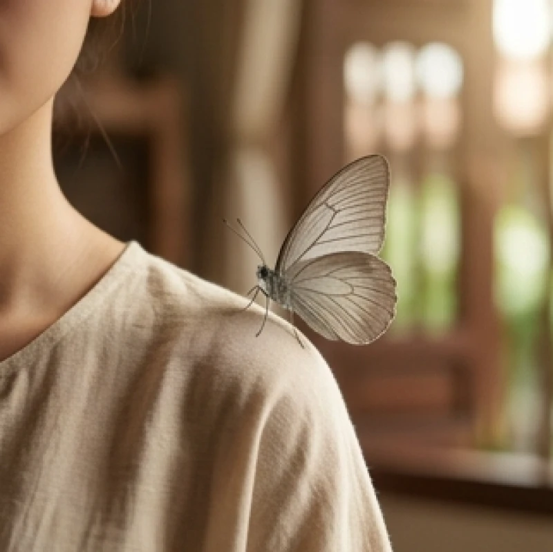 Bướm xám đậu nhẹ nhàng trên vai áo của một người đang ngồi tĩnh tâm thư giãn trong không gian yên tĩnh