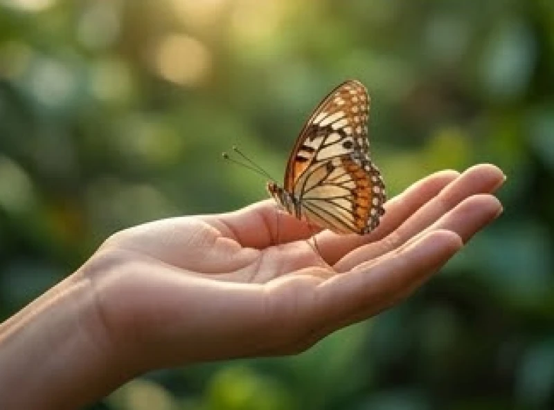 Một con bướm nhẹ nhàng đáp xuống lòng bàn tay đang mở rộng đón nhận tài lộc và lời chúc phúc
