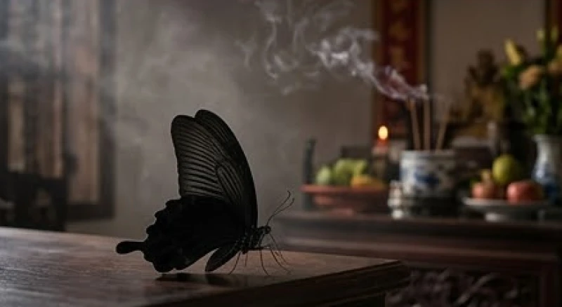 Chú bướm đen tuyền đậu tĩnh lặng gần khu vực trang nghiêm trong nhà báo hiệu điềm lành