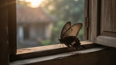 Một con bướm đen lớn đang đậu trên bậu cửa sổ bằng gỗ, lý giải việc bướm đen bay vào nhà là điềm gì trong phong thủy