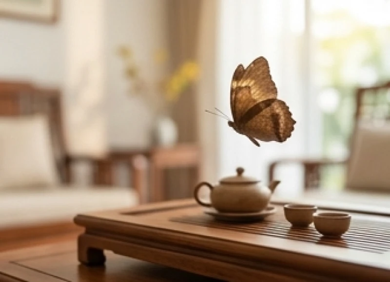 Bướm nâu sải cánh bay lượn quanh khu vực bàn trà phòng khách ngập tràn ánh sáng ban ngày