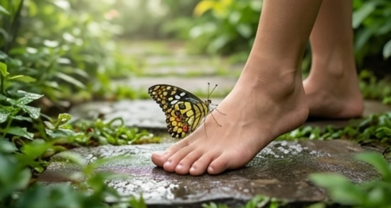 Con bướm đậu trên mu bàn chân của một người đang bước đi trên thảm cỏ