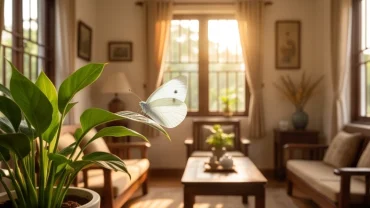 Con bướm trắng đậu trên nhánh cây cảnh trong phòng khách, giải đáp bướm trắng bay vào nhà là điềm gì