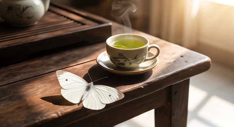 Ánh nắng buổi sáng chiếu rọi vào một con bướm trắng đang đậu trên mép bàn gỗ uống trà