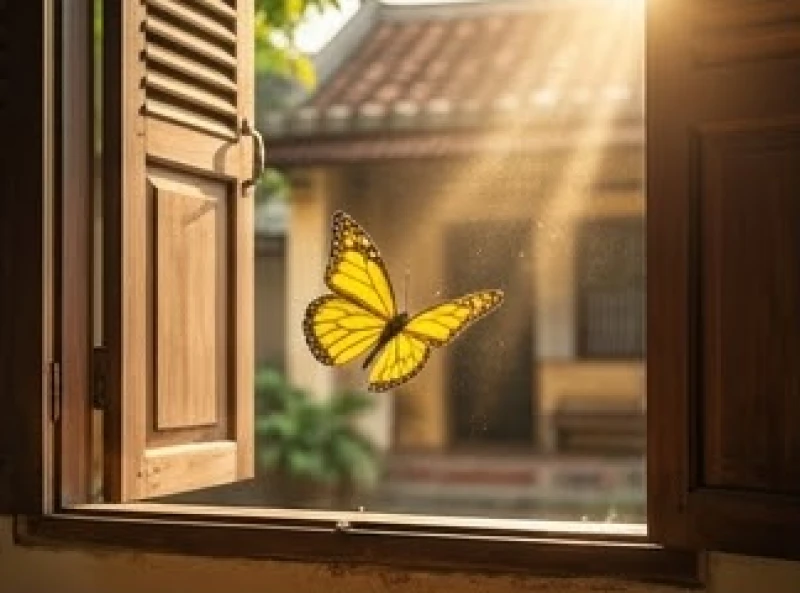 Một chú bướm với màu sắc tươi sáng bay vào phòng khách, mang theo năng lượng tích cực và điềm báo trước khi trúng số