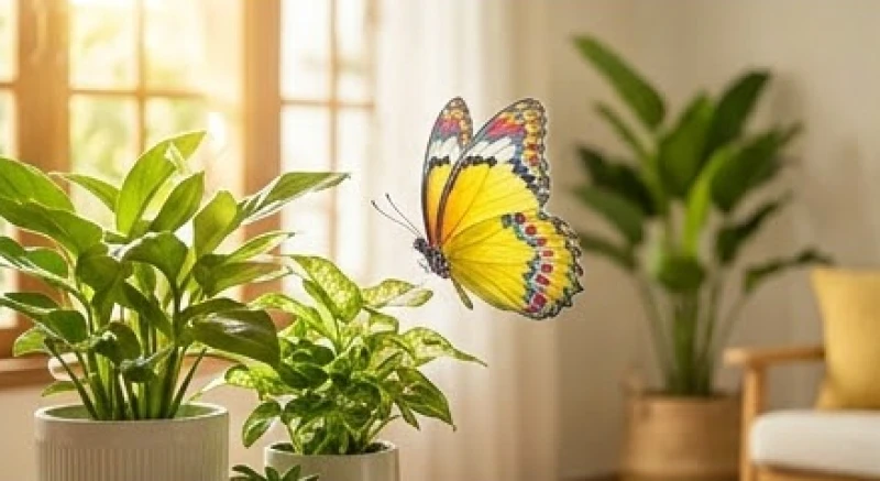 Con bướm vàng có nhiều hoa văn sặc sỡ bay lượn quanh những chậu cây xanh trong phòng khách