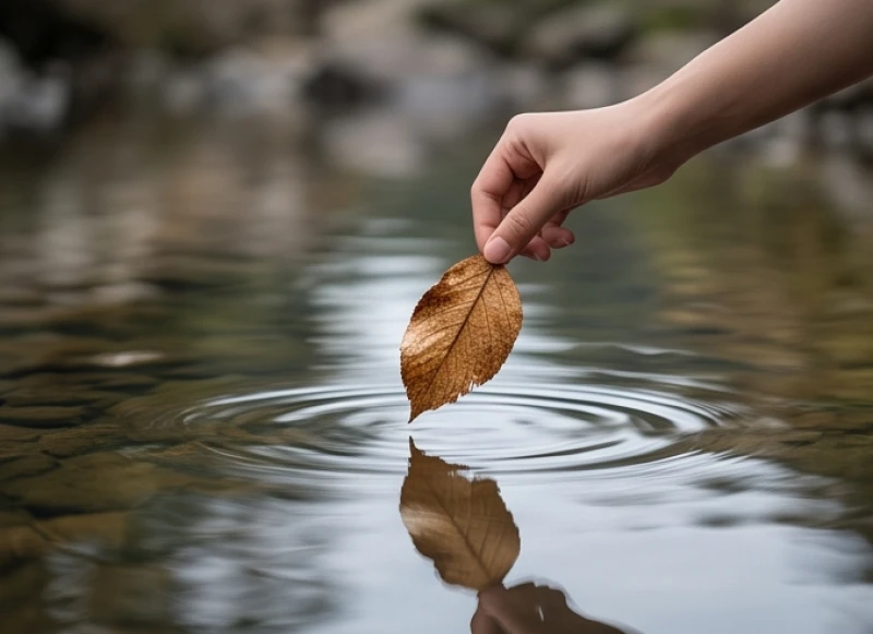 Bàn tay nhẹ nhàng thả rơi một chiếc lá úa vào dòng nước tĩnh lặng để gác lại những chuyện buồn
