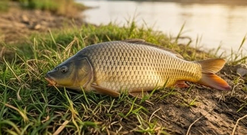 Một con cá lớn đang nằm trên bãi cỏ và đất khô ráo, minh họa cho khả năng sinh tồn và điềm báo thịnh vượng