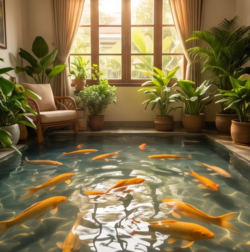 Bầy cá vàng bơi lội tung tăng trong dòng nước trong suốt tràn vào phòng khách tượng trưng cho cơ hội kinh doanh