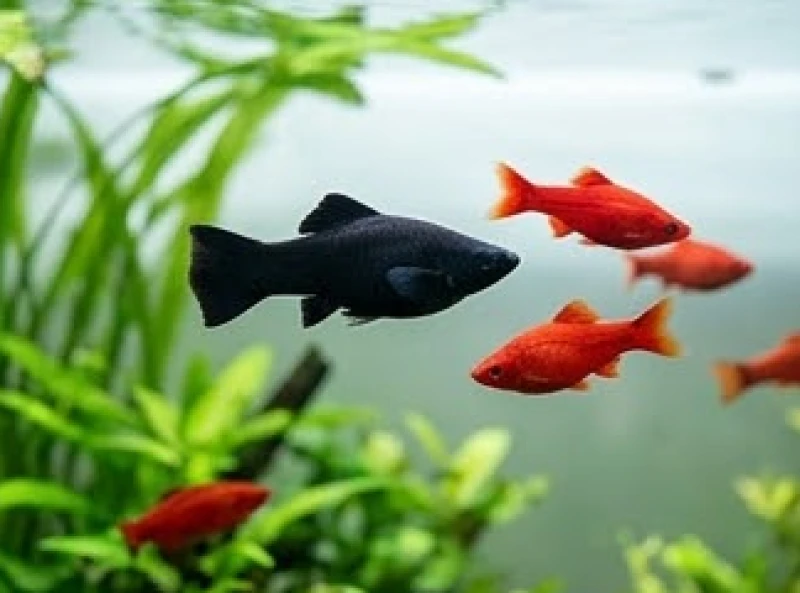 Bể cá cảnh thủy sinh nuôi kết hợp cá màu đỏ rực rỡ và cá màu đen tuyền bơi lội linh hoạt
