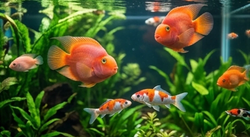 Bể cá phong thủy tuổi Thân: Bảng nạp âm, dáng bể & cách hóa giải 2 Đàn cá Huyết Anh Vũ và cá chép bơi lội sinh động trong bể thủy sinh