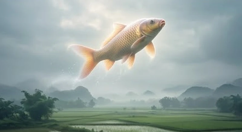 Hình tượng cá chép vươn mình cất cánh bay lơ lửng trên bầu trời đại diện cho sự thăng tiến vượt bậc ngoài mong đợi