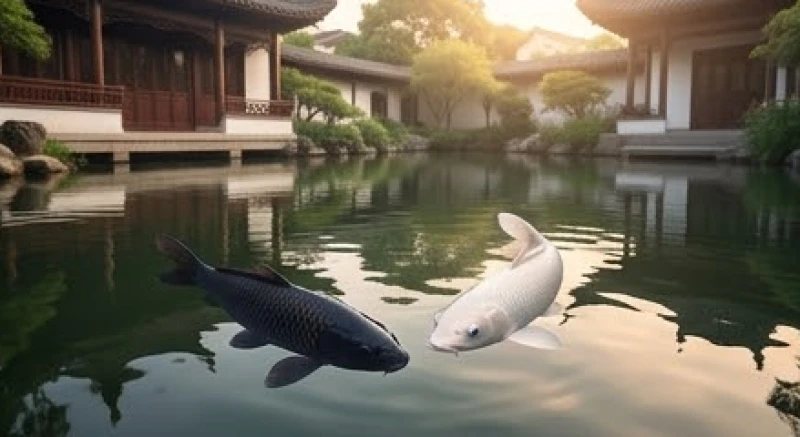 Cá chép mang sắc đen hoặc trắng bơi lội trong hồ nước tĩnh lặng báo hiệu những thử thách tiềm ẩn trong công việc