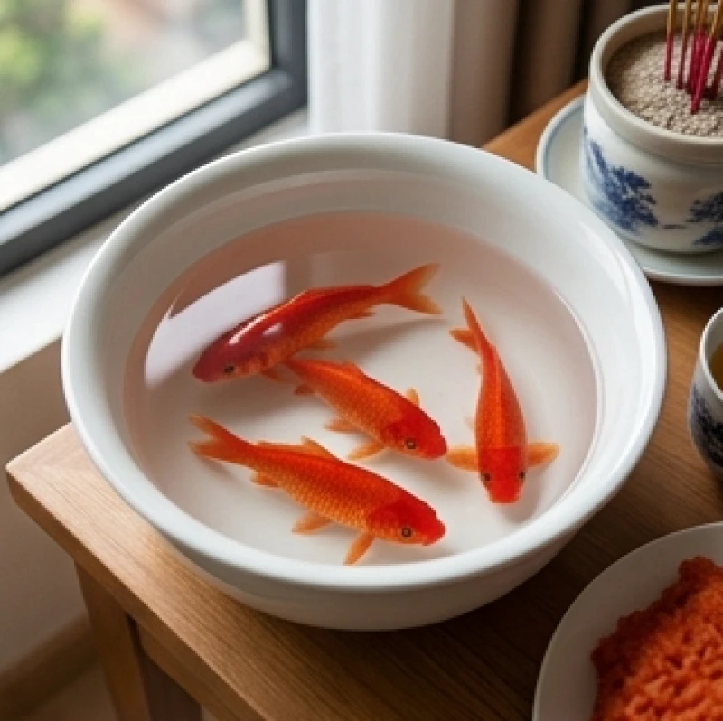 Ba con cá chép đỏ khỏe mạnh bơi lội linh hoạt trong bát sứ trắng lớn đặt cạnh mâm cúng