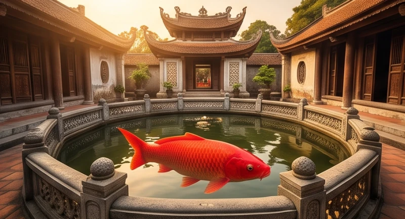 Mơ thấy cá chép đỏ: Giải mã điềm báo và cách hóa giải điềm xấu 4 Một con cá chép đỏ kích thước lớn bơi lội trong hồ nước cảnh đặt ngay giữa khoảng sân nhà truyền thống