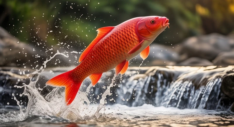 Mơ thấy cá chép đỏ: Giải mã điềm báo và cách hóa giải điềm xấu 3 Con cá chép đỏ rực rỡ vươn mình nhảy vọt lên khỏi mặt hồ trong xanh tiến tới một mỏm đá