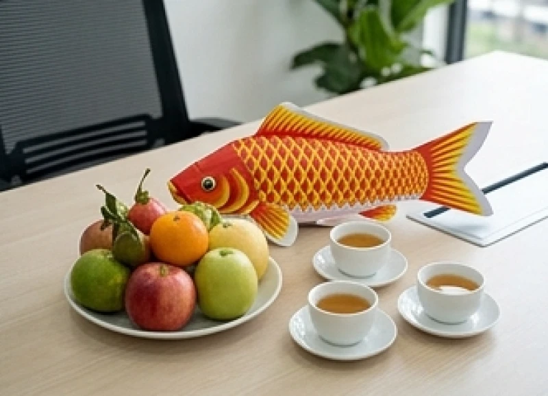 Sử dụng cá chép giấy và mâm ngũ quả tươi thay thế cho cỗ mặn tại các văn phòng không có bếp.