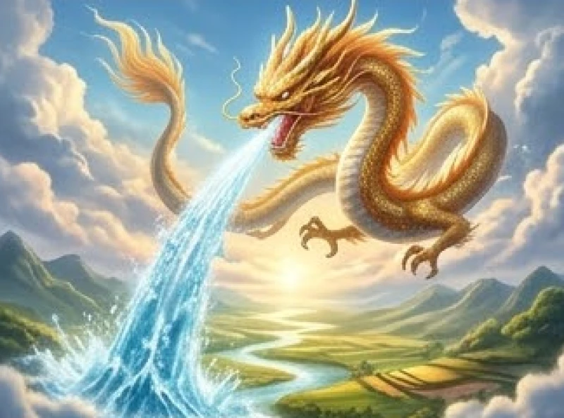 Rồng uy nghi phun dòng nước lấp lánh giữa bầu trời tượng trưng cho dòng tiền dồi dào và sinh khí