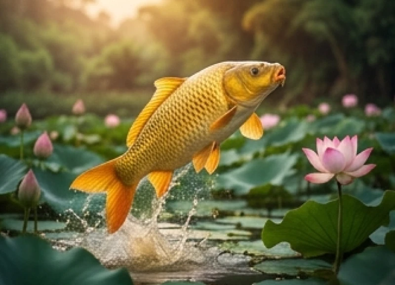 Cá chép vảy vàng óng ánh đang bật cao khỏi mặt nước hướng về phía bờ cỏ xanh