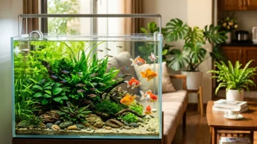 Bể cá cảnh phong thủy trong phòng khách với hệ thống lọc nước hiện đại giúp giải đáp thắc mắc cá chết có điềm gì