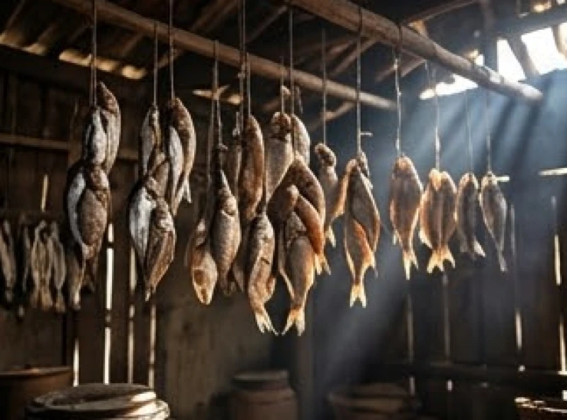 Mơ thấy cá khô: Giải mã điềm báo cát hung & con số may mắn 4 Rất nhiều dây cá khô được treo lủng lẳng trên xà nhà bếp bằng gỗ truyền thống