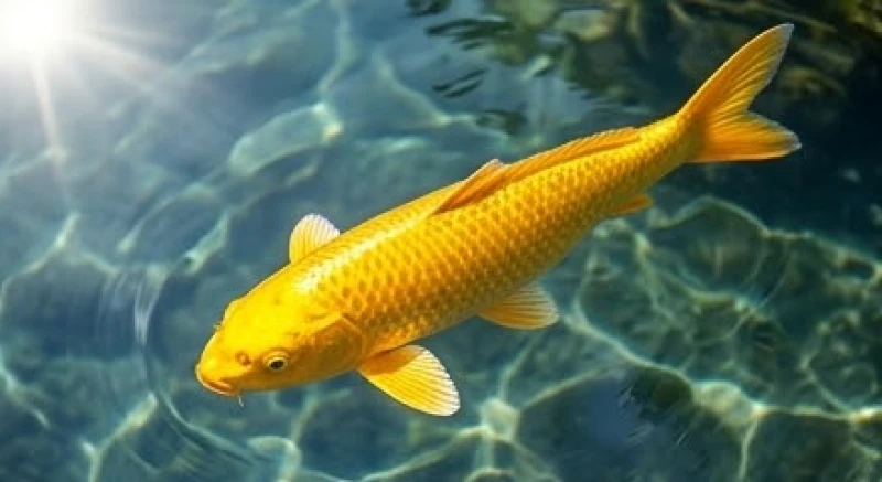 Mơ thấy cá koi: Tra cứu điềm báo theo màu sắc và bộ số tài lộc 5 Chú cá koi màu vàng óng ánh dòng Yamabuki Ogon bơi lội lấp lánh dưới ánh nắng rực rỡ mặt trời