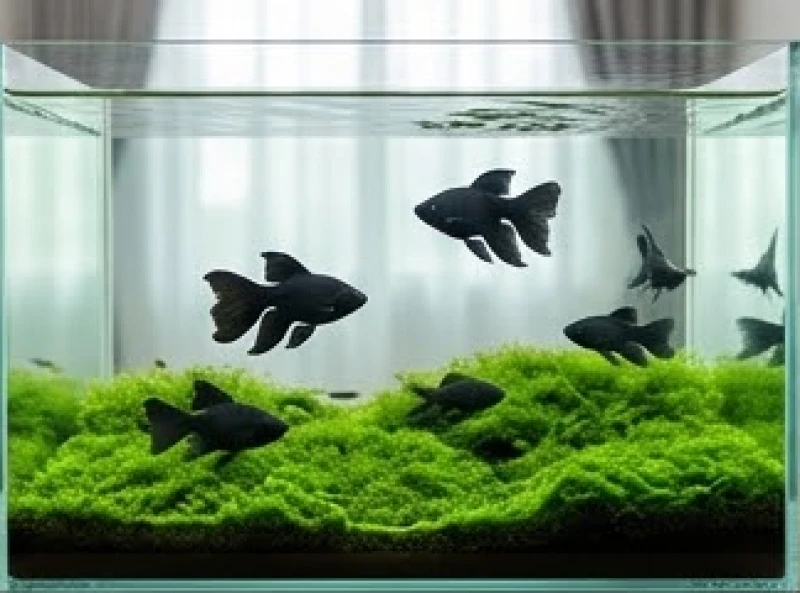 Bể cá phong thủy tuổi Hợi: cách tính hướng và định vị tụ tài 5 Đàn cá màu đen tuyền bơi lội trong hồ kính tĩnh lặng cùng nền rêu