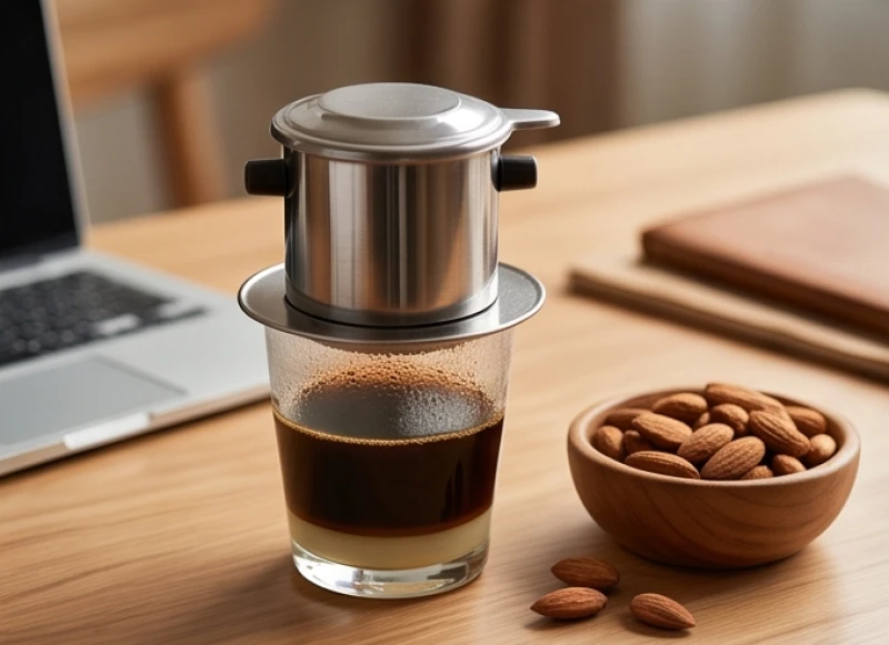 Tách cà phê phin Việt Nam đang nhỏ giọt bên cạnh đĩa hạnh nhân trên mặt bàn làm việc