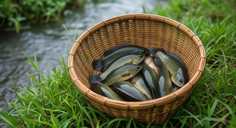 Giỏ tre đan thủ công đựng đầy những con cá rô đồng tươi rói đặt ngoan ngoãn bên bờ cỏ xanh mướt