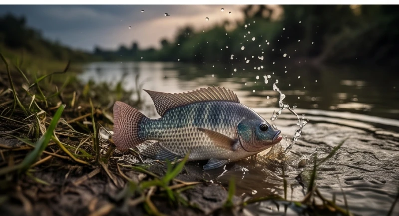 Một chú cá rô phi đang giãy giụa bật nhảy trên bãi cỏ ven bờ ao trong sự hoảng loạn