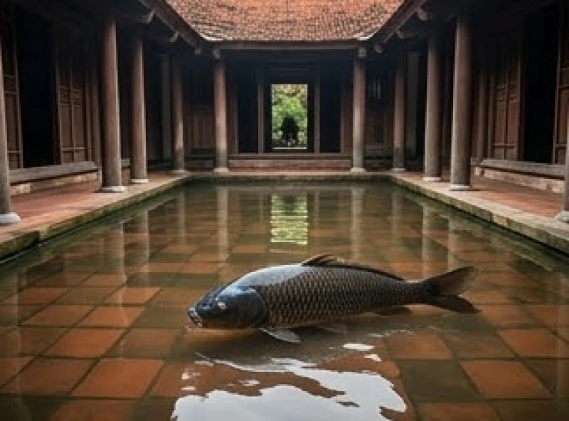 Cảnh tượng làn nước ngập vào khoảng sân gạch và một con cá trắm bơi lội tung tăng ngay hiên nhà