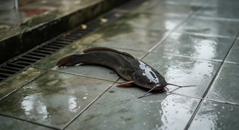 Một con cá trê da trơn đen bóng đang trườn lóc ngóc từ khu vực cống rãnh ướt át lên thềm nhà