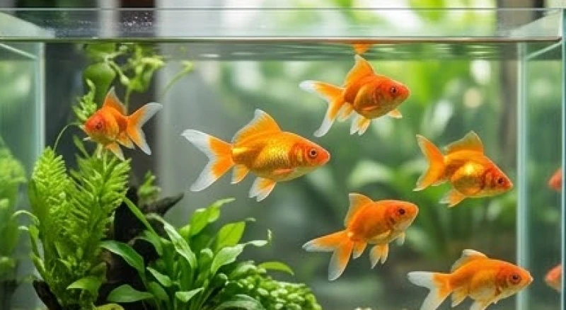 Đàn cá vàng bơi lội tung tăng trong bể thủy sinh với vảy lấp lánh phản chiếu ánh sáng tuyệt đẹp