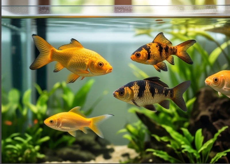 Đàn cá vàng và cá mun bơi lội tung tăng trong hồ thủy sinh ngập tràn sắc xanh của cây cỏ