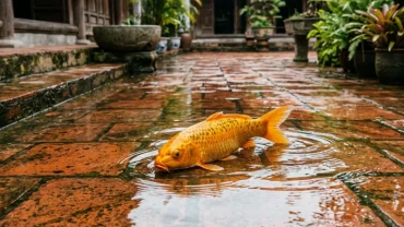 Cảnh tượng một chú cá chép bơi qua lối vào nhà ngập nước giúp giải đáp câu hỏi cá vào nhà là điềm gì