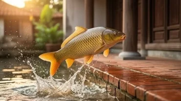 Cá chép vàng khỏe mạnh nhảy lên thềm gạch đỏ giúp gia chủ giải mã cá vào nhà là điềm gì trong phong thủy